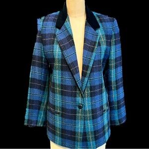 VINTAGE 80s tartan blackwatch plaid blazer‎ suit jacket velvet collar business
